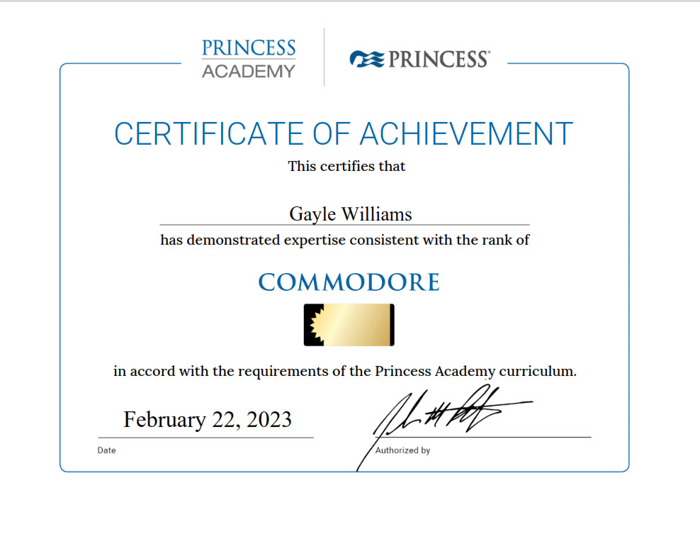 Princess Commodore Certificate