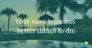 Sunset over the beach at Sandals Saint Vincent. Text reads: Your sales team has better things to do